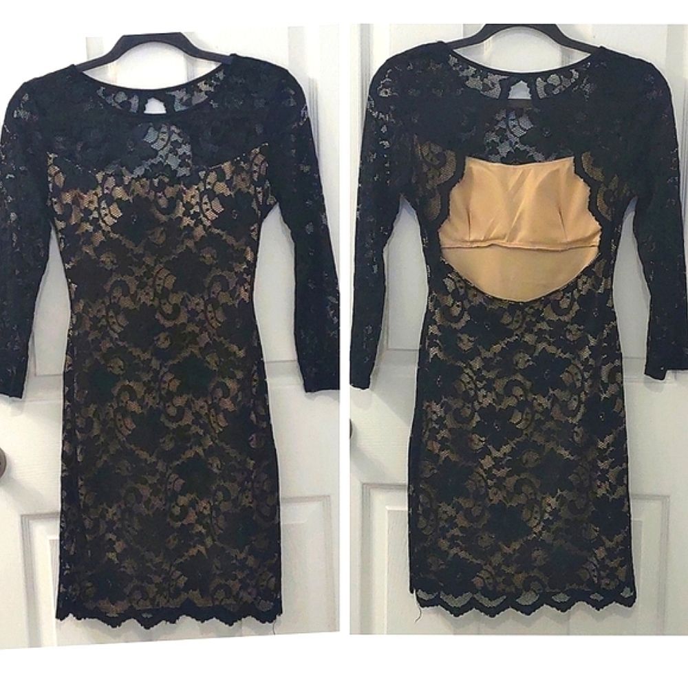 Open Back Long Sleeve Black Lace Dress Size S